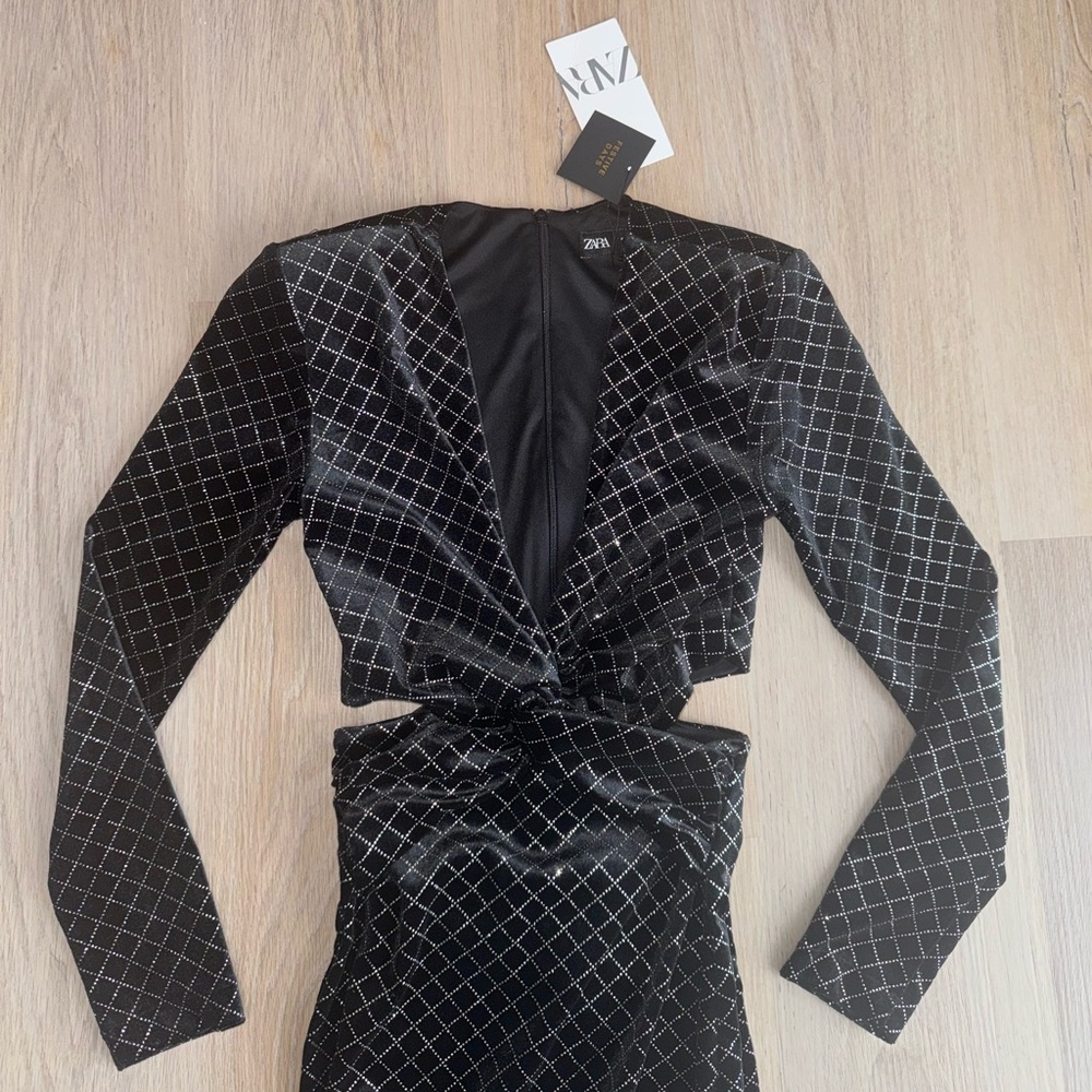 Zara Black & Silver Glittery Velvet Long Sleeve Dress - Size XS - Picture 3 of 8